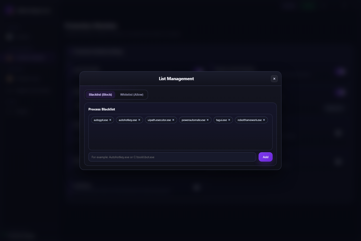 AI Agent Lock process whitelist and blacklist management