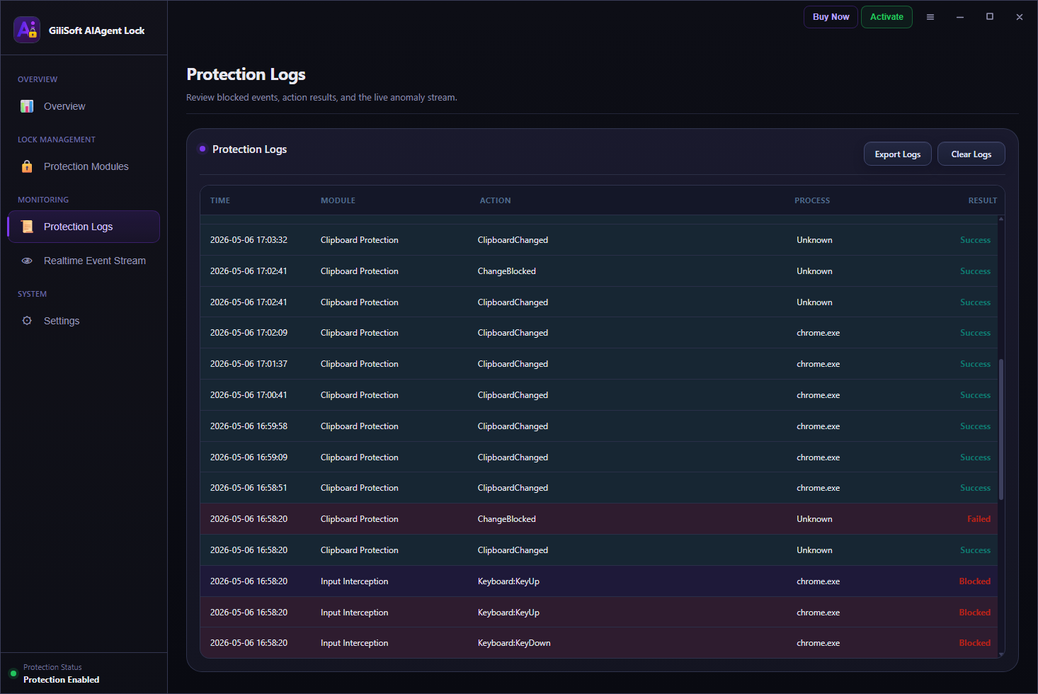 AI Agent Lock realtime intercept and blocked attempt logs