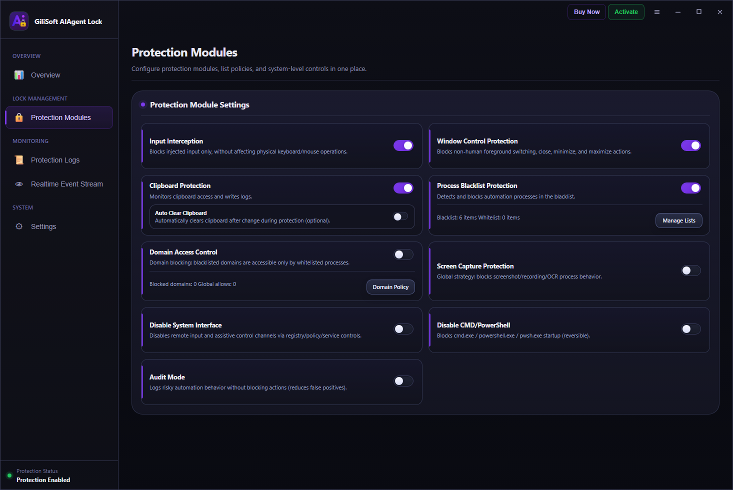 AI Agent Lock protection module settings