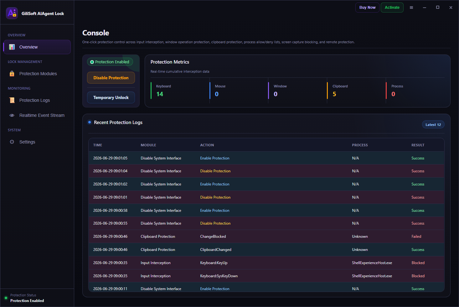 AI Agent Lock dashboard overview