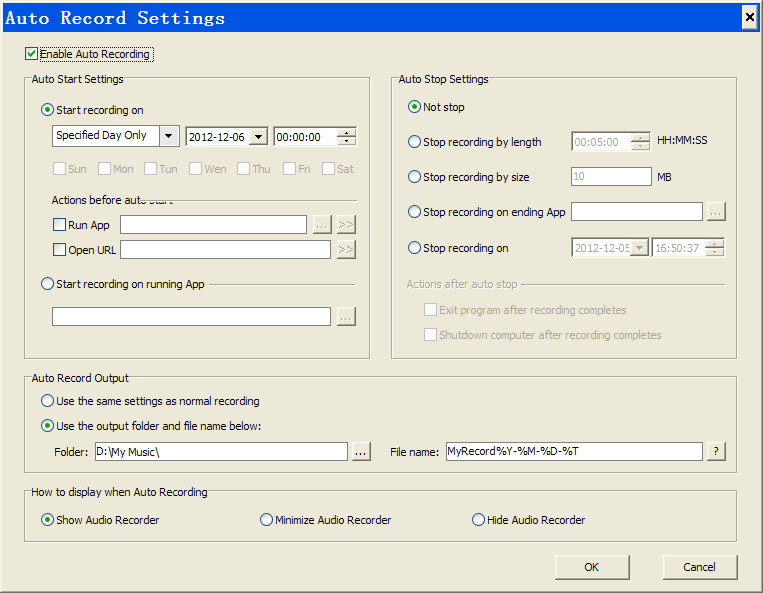 Auto audio recorder settings
