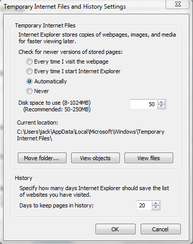 Internet Explorer cache settings and move folder option