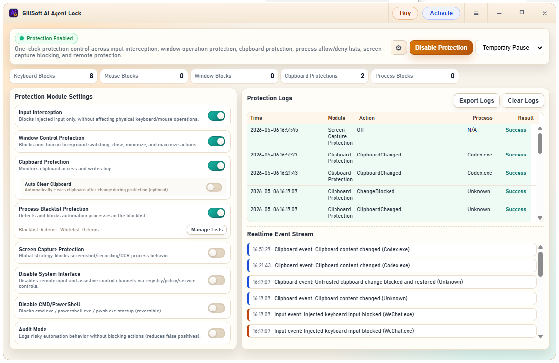 AI Agent Lock main interface with protection enabled and logs visible