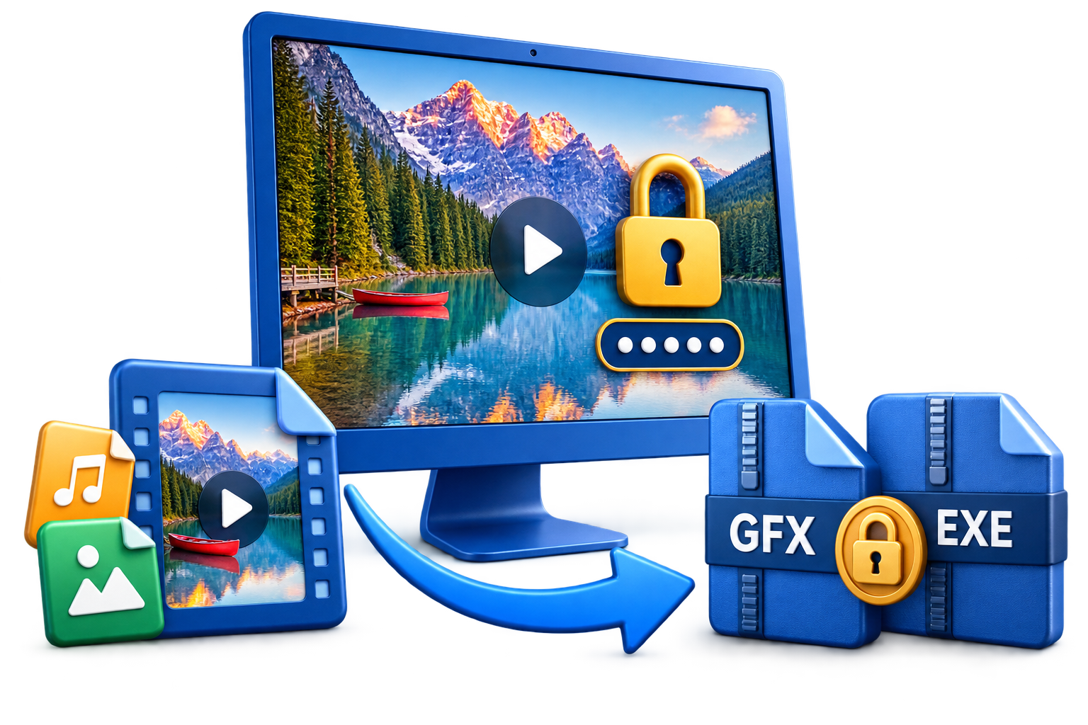 GiliSoft Any Video Encryptor illustration showing media files encrypted into password-protected GFX and EXE packages