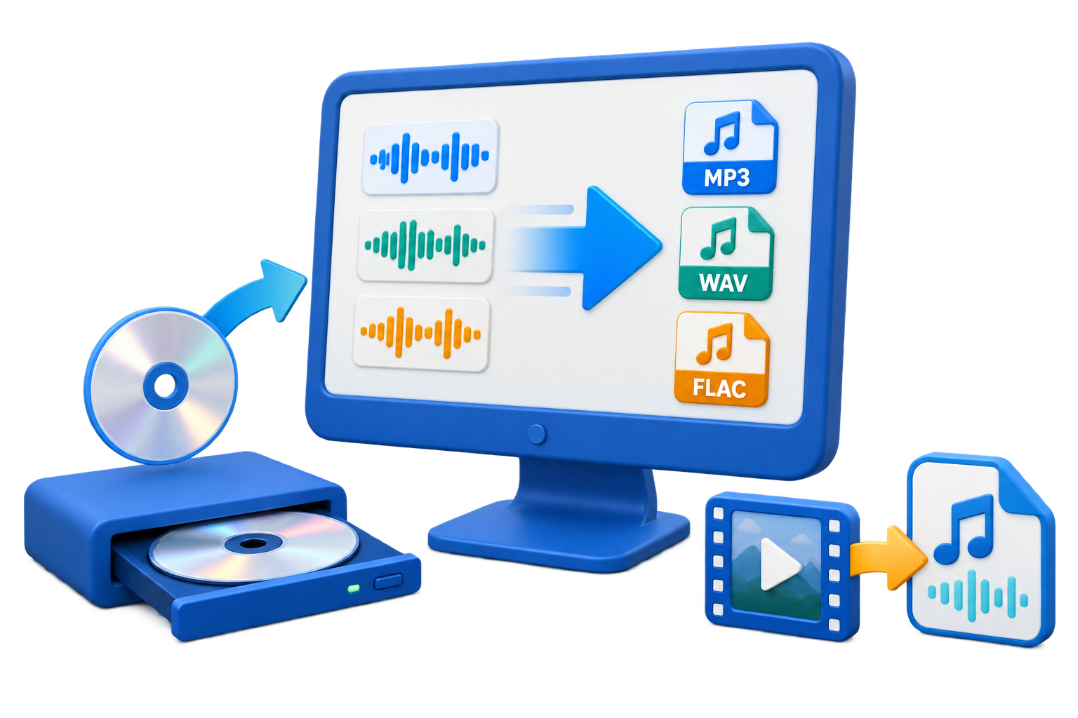 Audio Converter Ripper illustration for batch conversion, video audio extraction, Audio CD ripping, MP3, WAV, and FLAC output