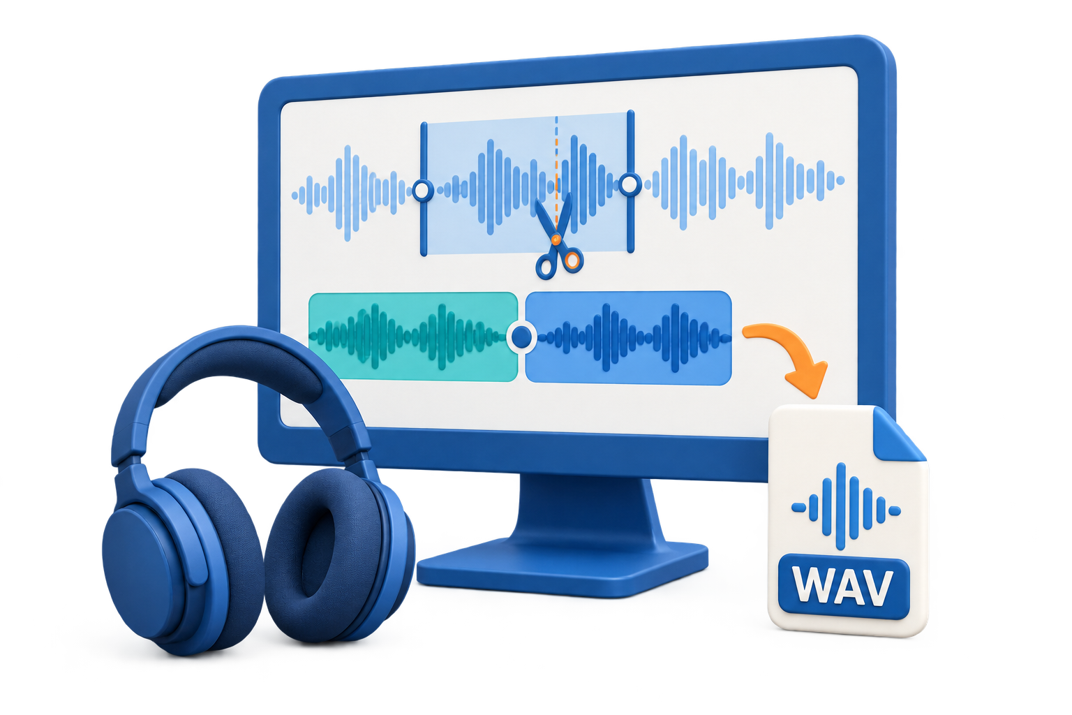 Audio Editor illustration for waveform cutting, joining, recording, mixing, and WAV export