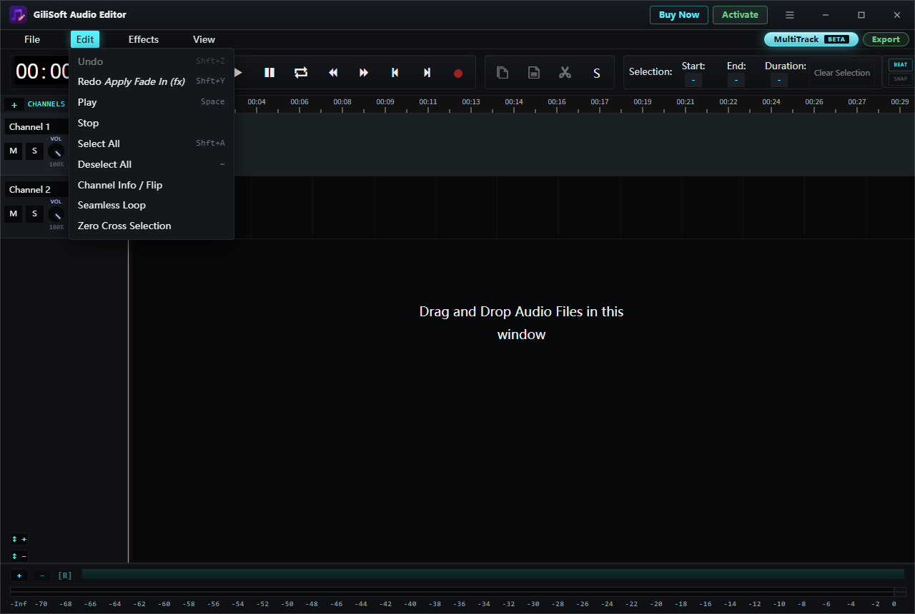 Current GiliSoft Audio Editor Edit menu showing Select All