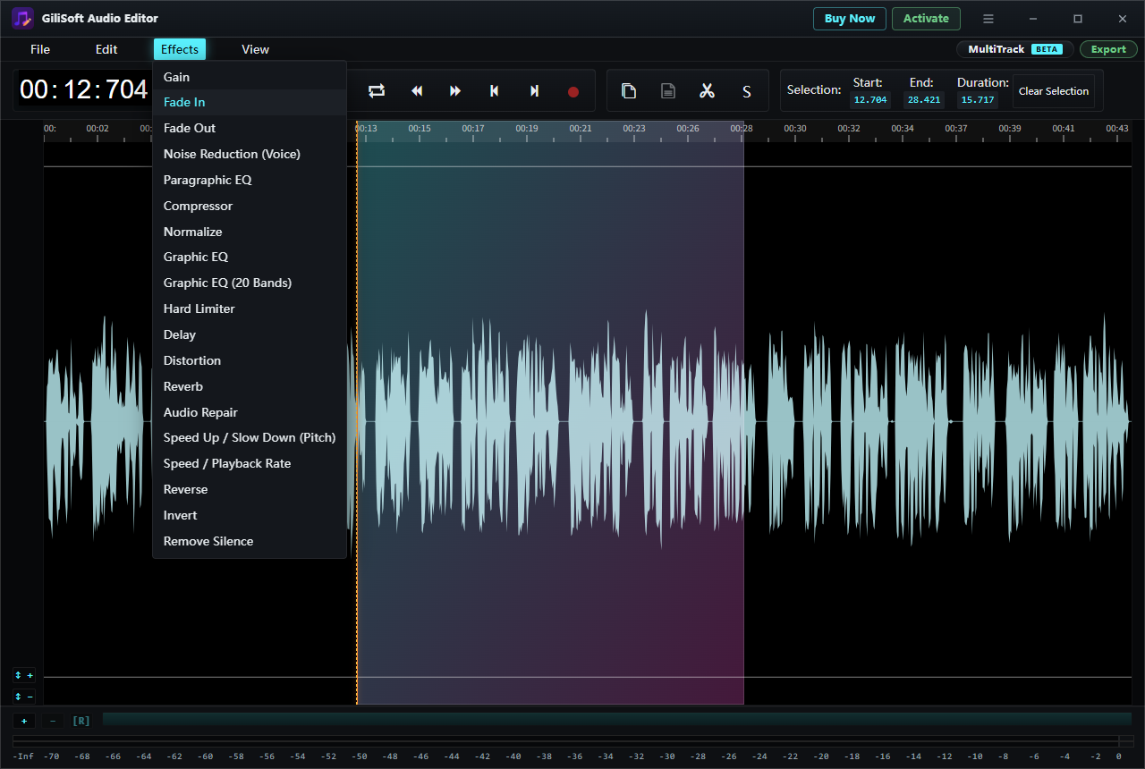 Current GiliSoft Audio Editor Effects menu showing Compressor, Normalize, EQ, and Noise Reduction (Voice)
