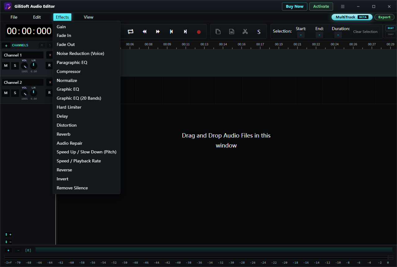 Current GiliSoft Audio Editor Effects menu showing Normalize, Gain, and Compressor