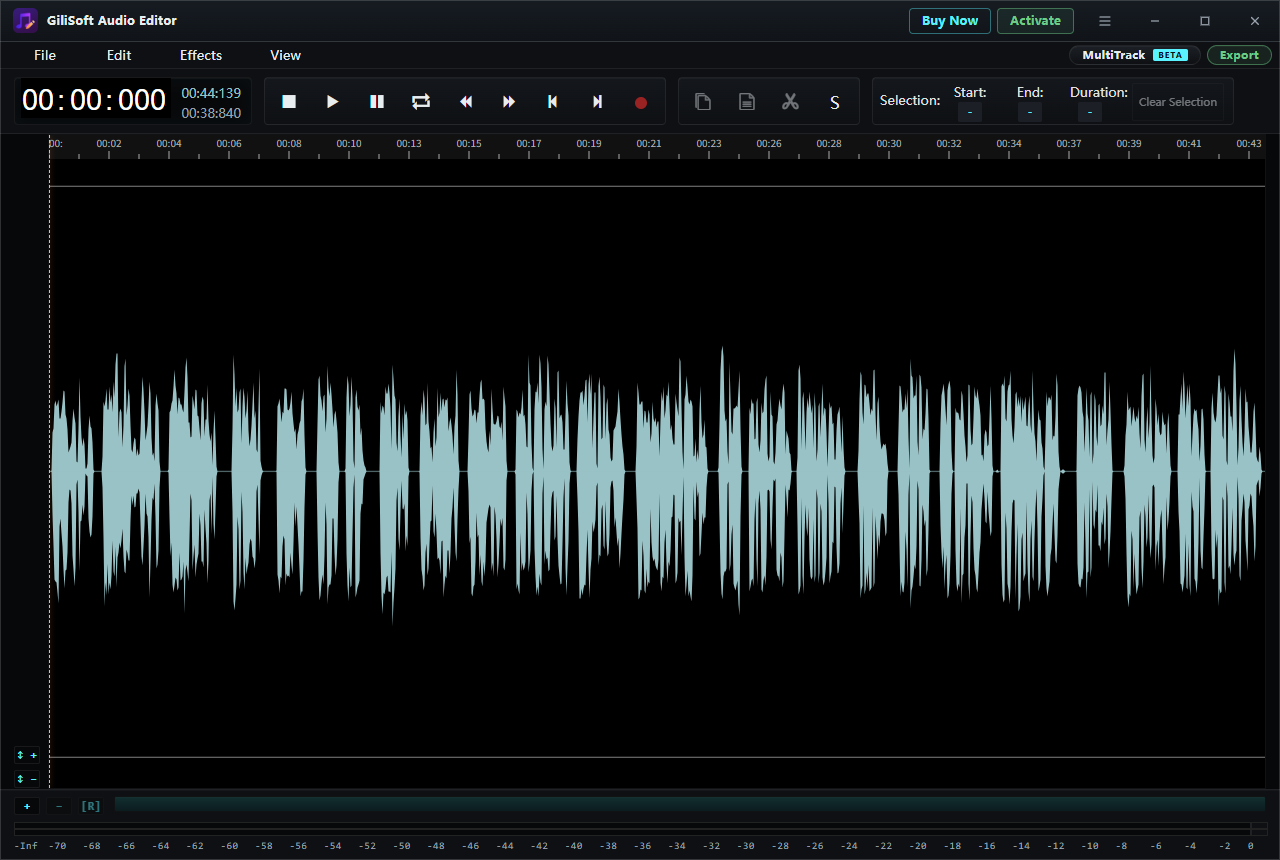 Current GiliSoft Audio Editor waveform workspace with selection timing and Export button