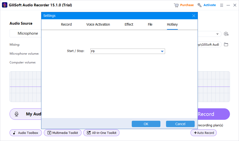 Hotkey controls in GiliSoft Audio Recorder Pro