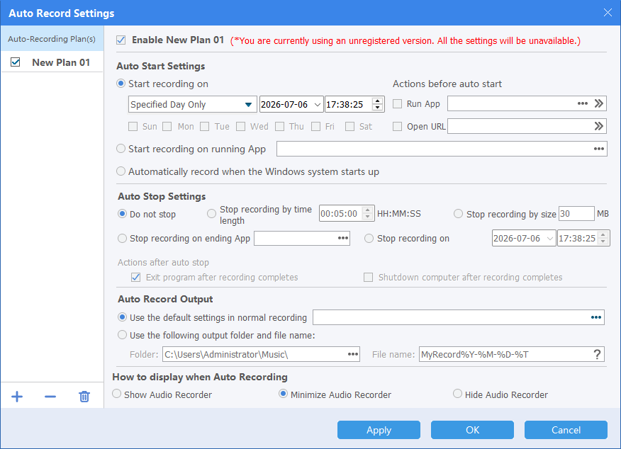 Scheduled recording plan in GiliSoft Audio Recorder Pro