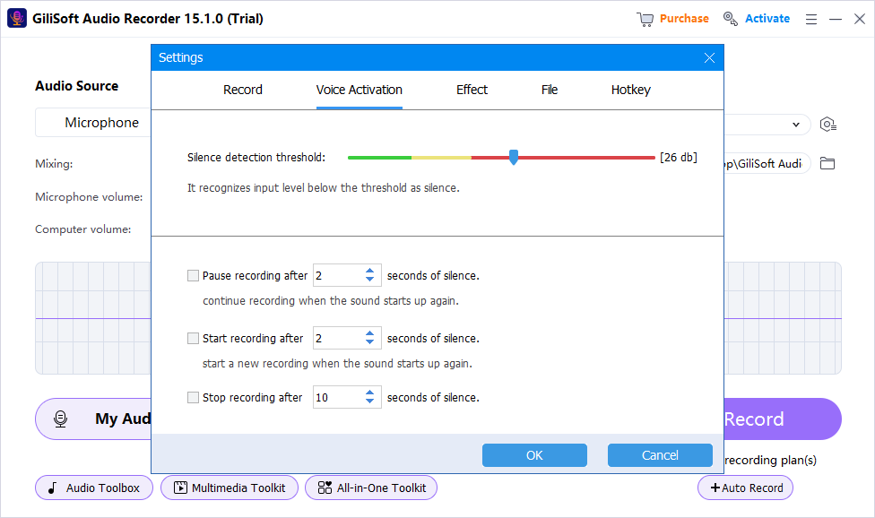 Voice activation and silence settings in GiliSoft Audio Recorder Pro