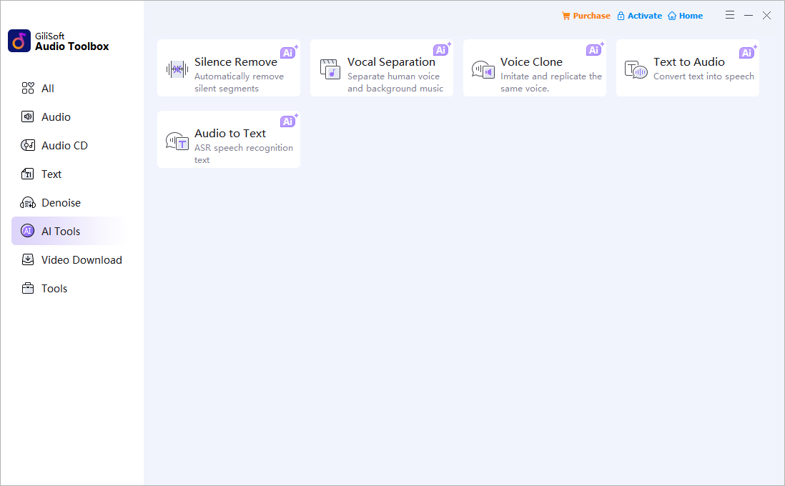 GiliSoft Audio Toolbox AI Tools screen with the Audio to Text entry