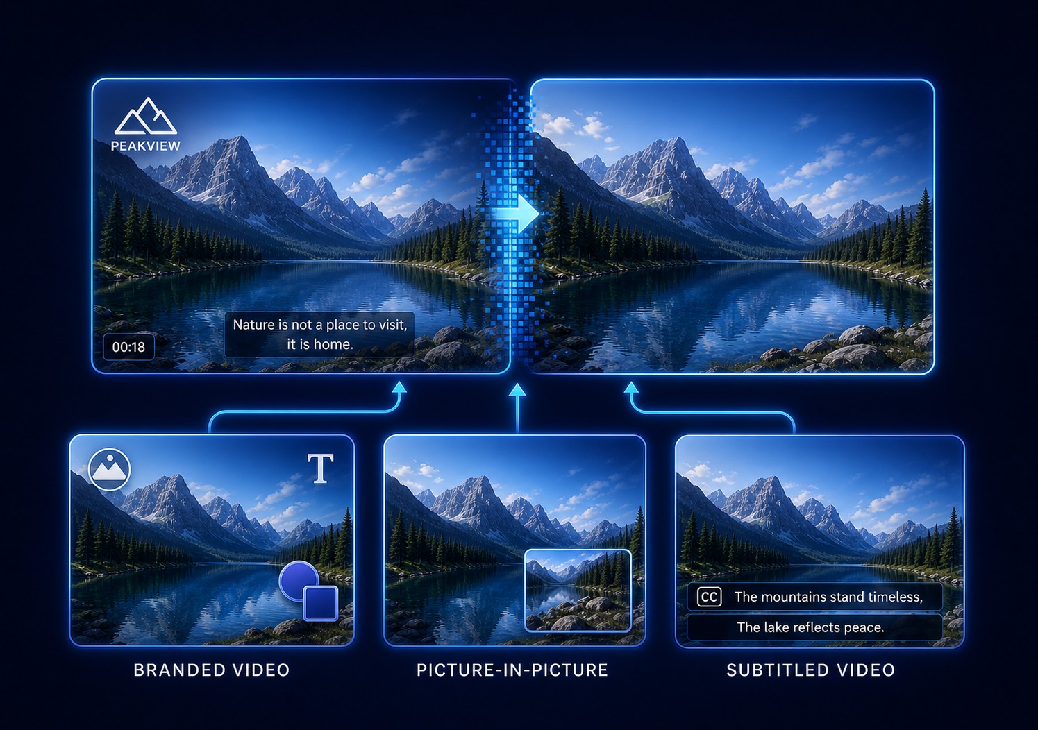 Video watermark removal before and after with branded video, picture-in-picture, and subtitle examples