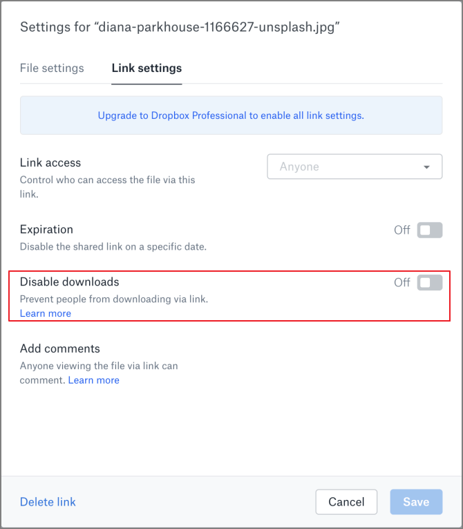 dropbox disable downloads