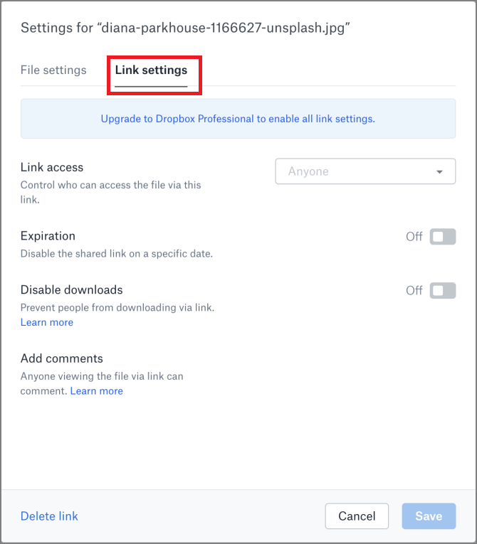 dropbox link settings