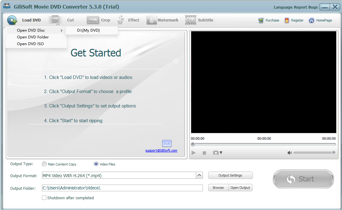 Load a DVD disc, ISO image, or DVD folder