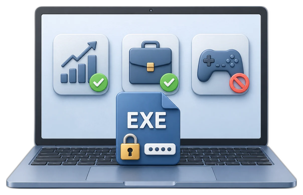 Password-protected EXE launching with approved applications allowed and restricted games blocked