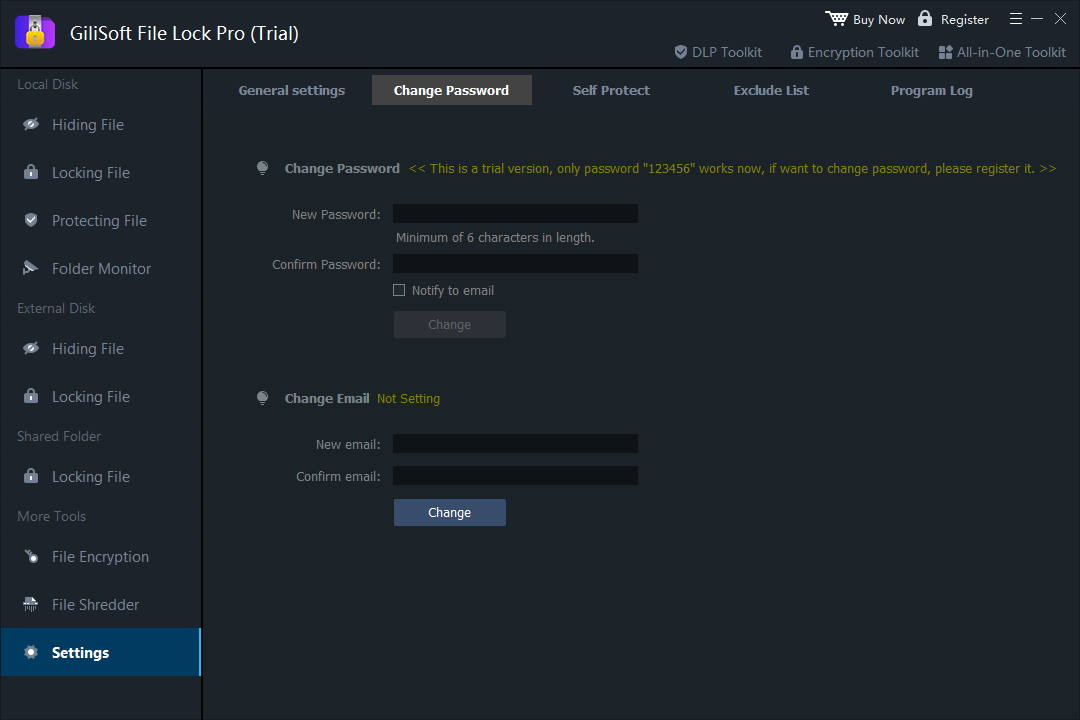 Change File Lock Pro password and recovery email