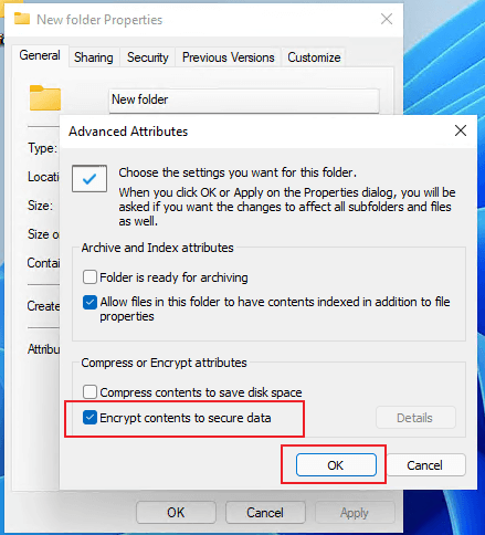 Enable Encrypt contents to secure data for a Windows folder