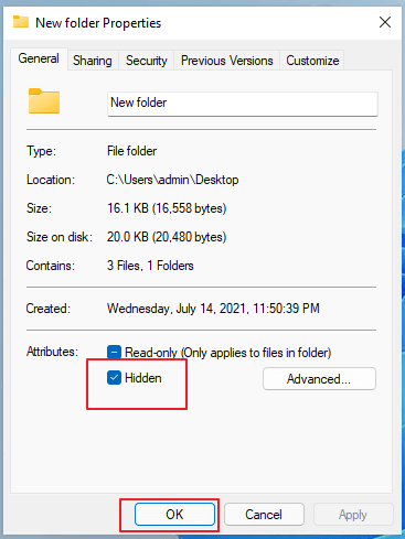 Enable the Hidden attribute for a Windows file or folder