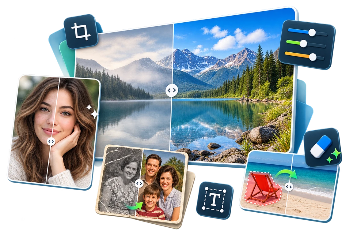 Product photo editing workflow with crop, color adjustment, cleanup, and restoration tools