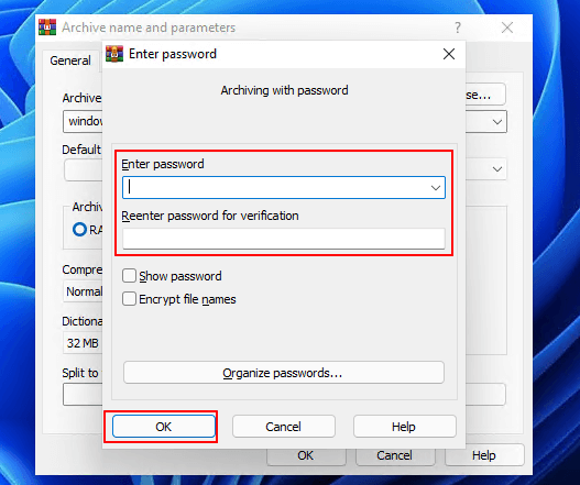 Set a password for the protected archive
