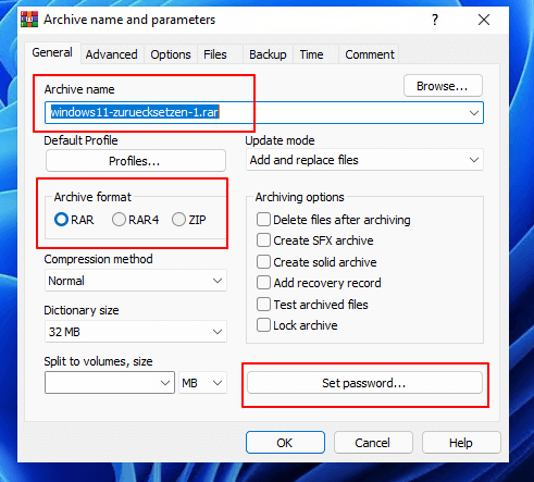 Choose archive encryption settings