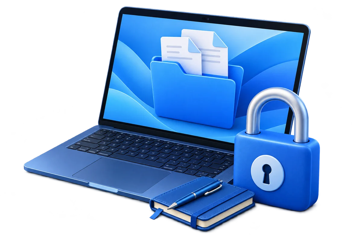 Mac laptop with a protected folder, blue padlock, and private notebook representing File Lock Pro for Mac