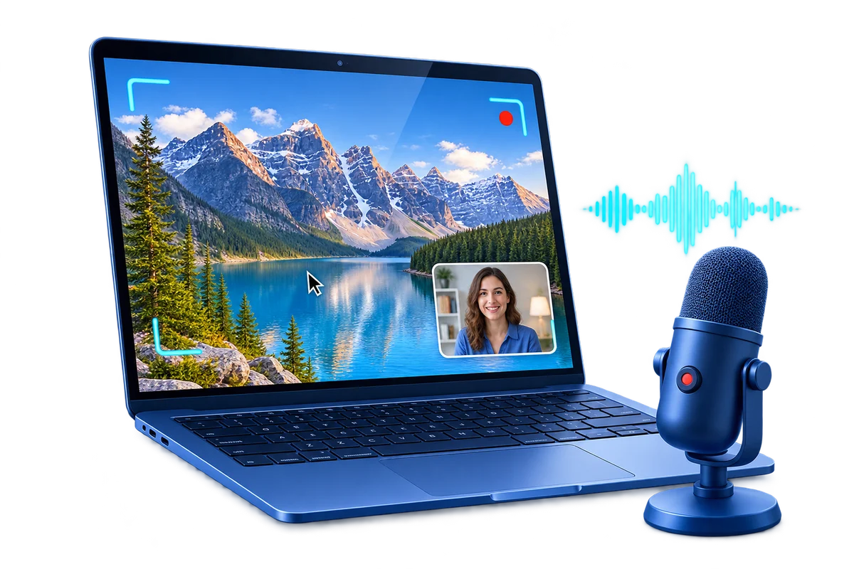 Mac screen recording with a selected capture area, webcam overlay, microphone, and audio waveform