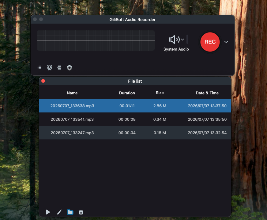 Recorded file list in GiliSoft Audio Recorder for Mac