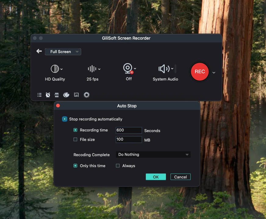 Auto stop settings for Mac screen recording