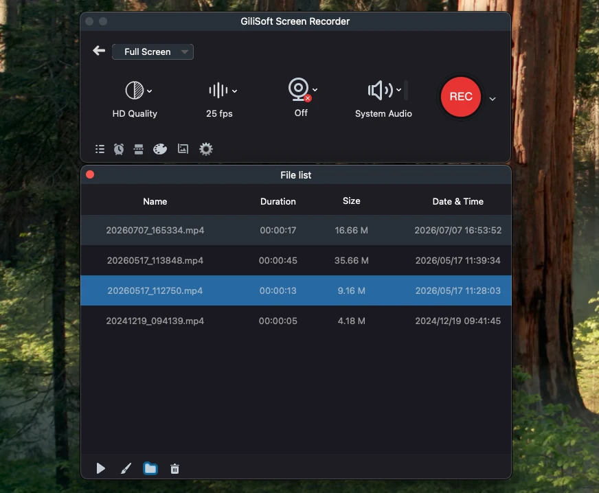 Recorded video file list on Mac