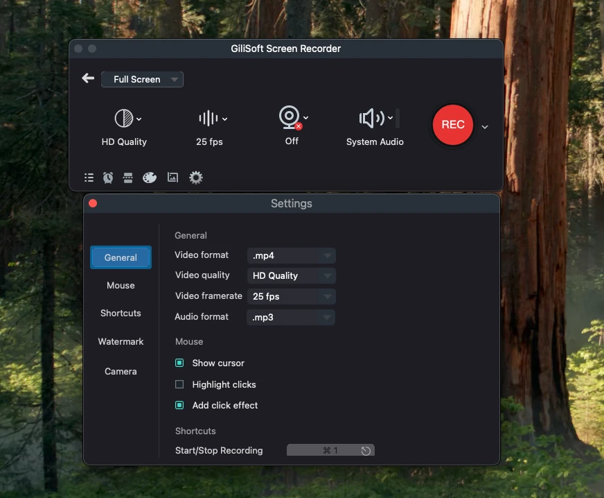 Settings for GiliSoft Screen Recorder on Mac