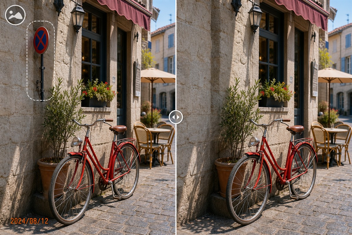 Before and after comparison of a bicycle cafe photo with a date stamp, logo, and sign removed