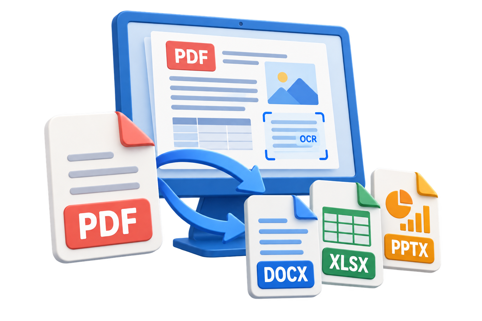 GiliSoft PDF Converter illustration showing PDF conversion to Word, Excel, and PowerPoint with OCR text recognition