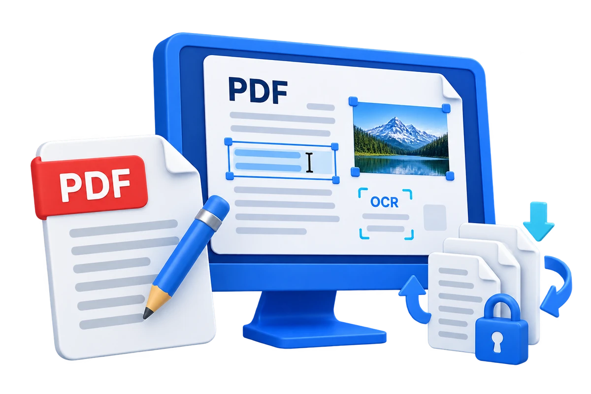 Transparent PDF editing workflow with OCR, page organization, conversion, compression, and document protection