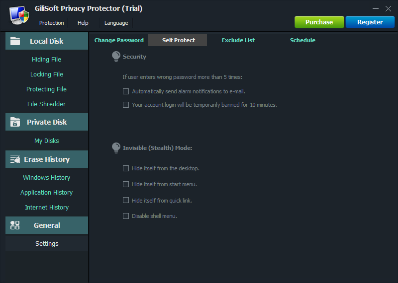 Configure self protection and stealth mode in Privacy Protector
