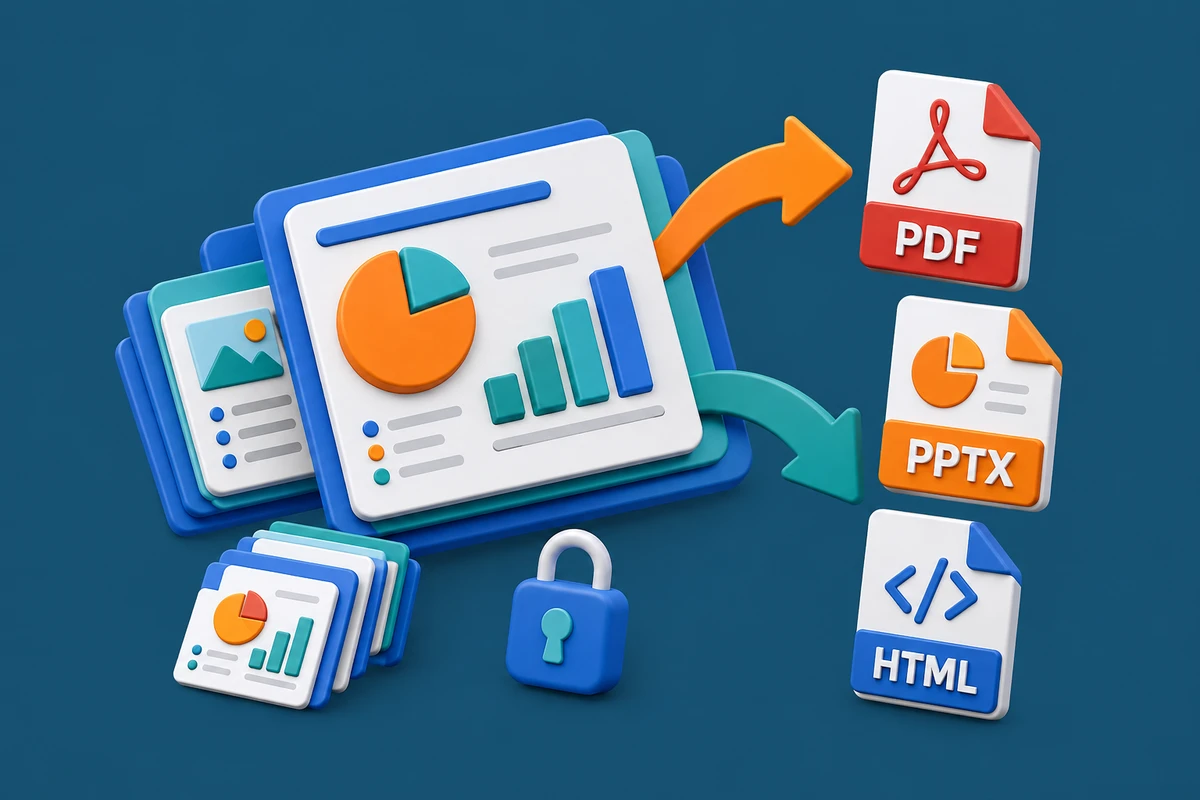 Matte blue 3D presentation slides with PDF, PPTX and HTML conversion outputs