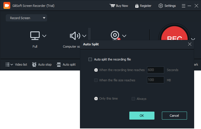 Split screen recordings by time or file size