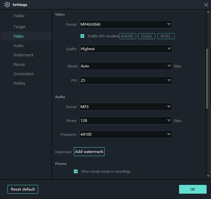 Expanded video output settings screenshot