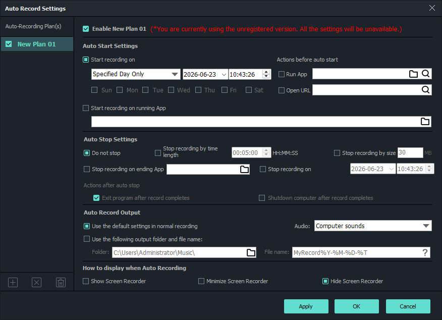 Scheduled screen recording tasks