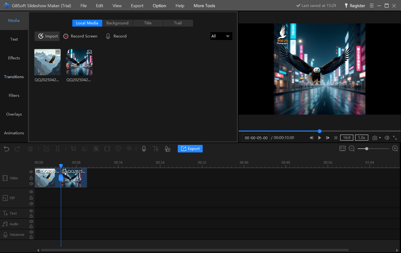 GiliSoft Slideshow Maker timeline with photos music text and effects