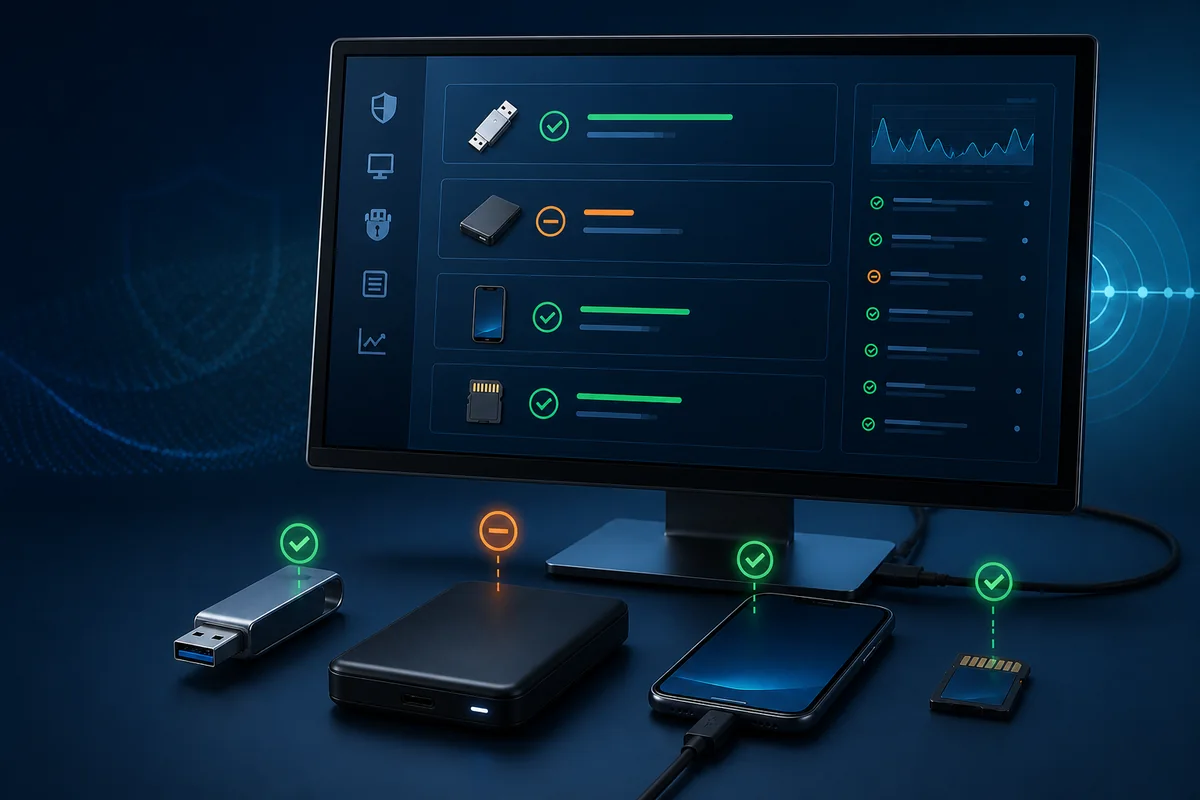 USB device control dashboard allowing an approved flash drive and blocking an unknown removable drive