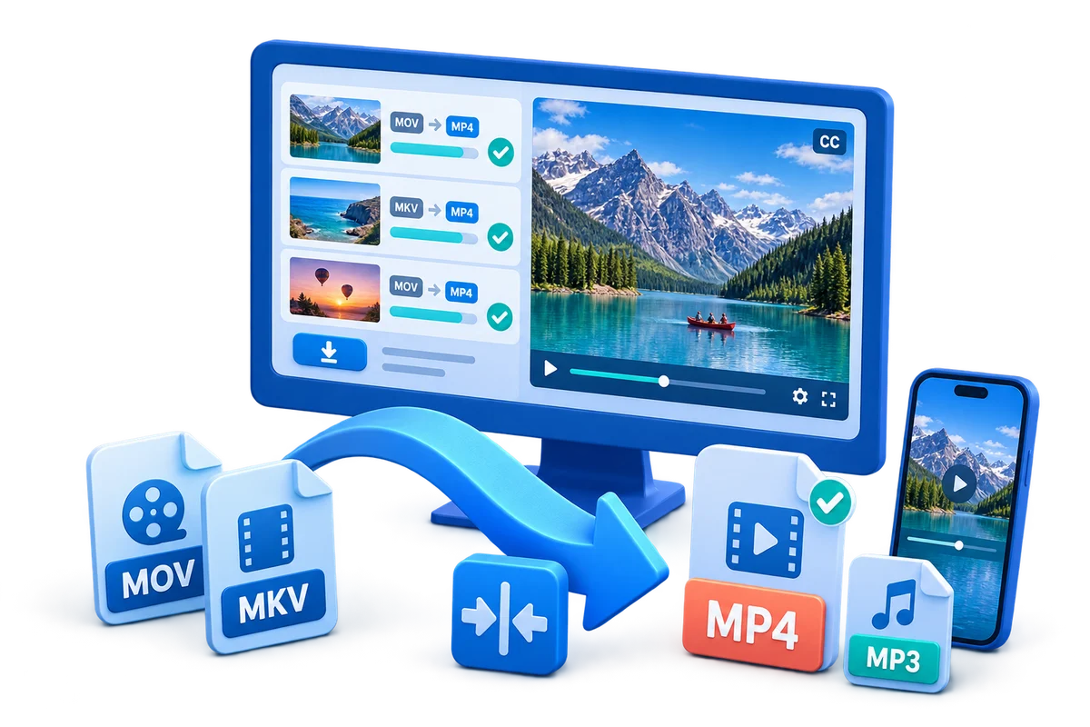 Blue 3D illustration of video conversion, subtitles, audio, and output formats