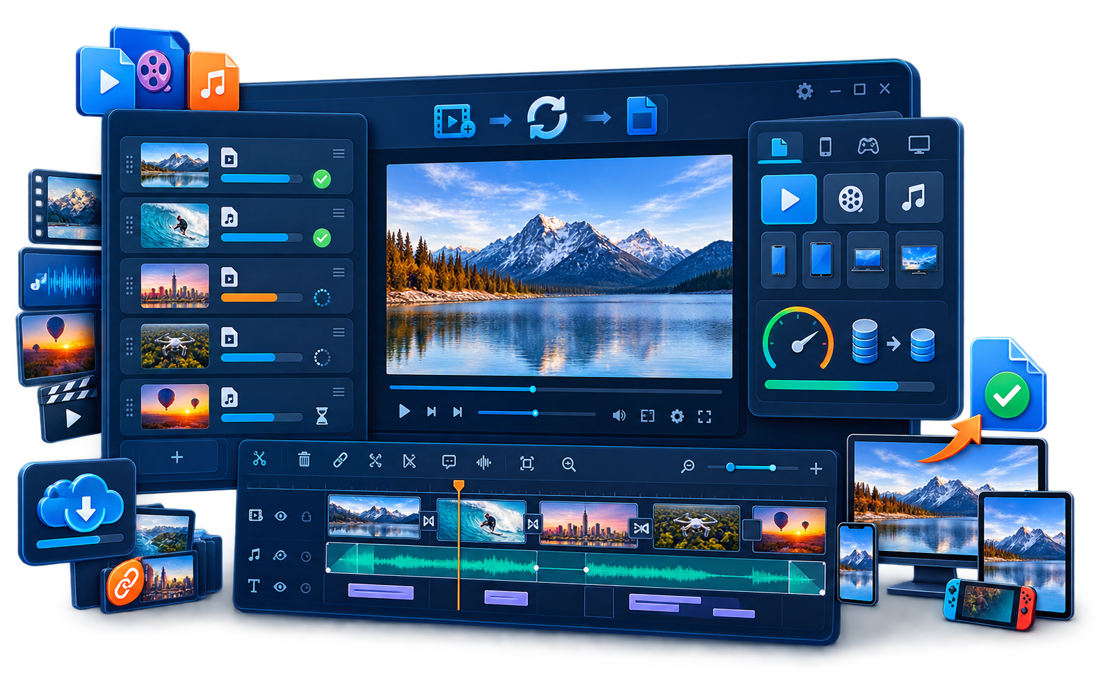 Video converter workspace with batch processing, media preview, audio and subtitle tracks, compression, and device output