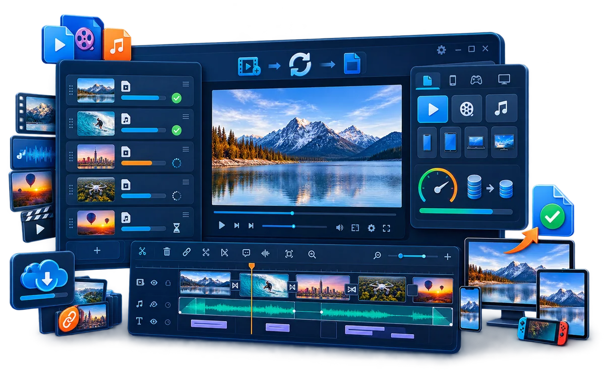 Video converter workspace with batch processing, media preview, audio and subtitle tracks, compression, and device output