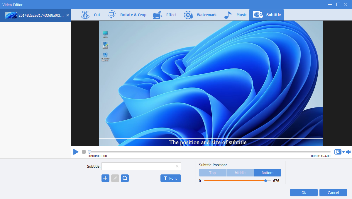 GiliSoft subtitle editor with font and top middle bottom position controls