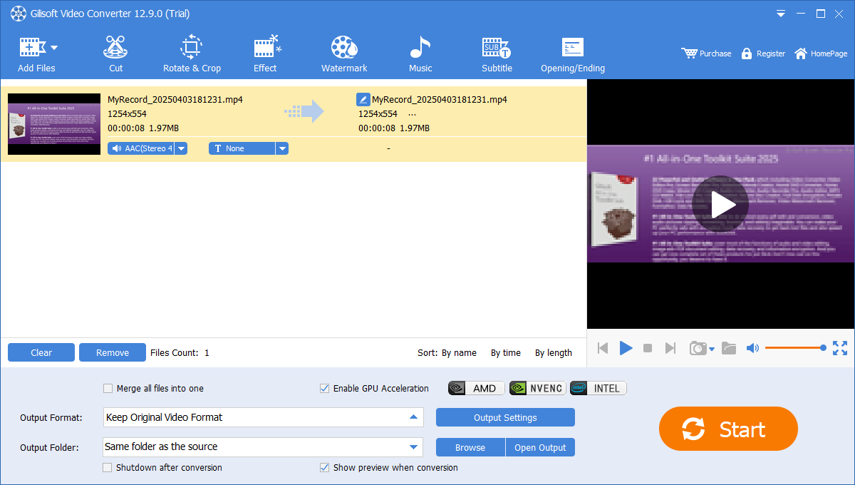 GiliSoft Video Converter queue with Subtitle tool, output format, and Start button